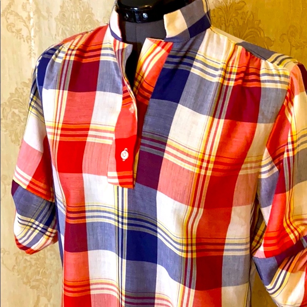 Vintage Plaid Tie-up Sleeve Blouse